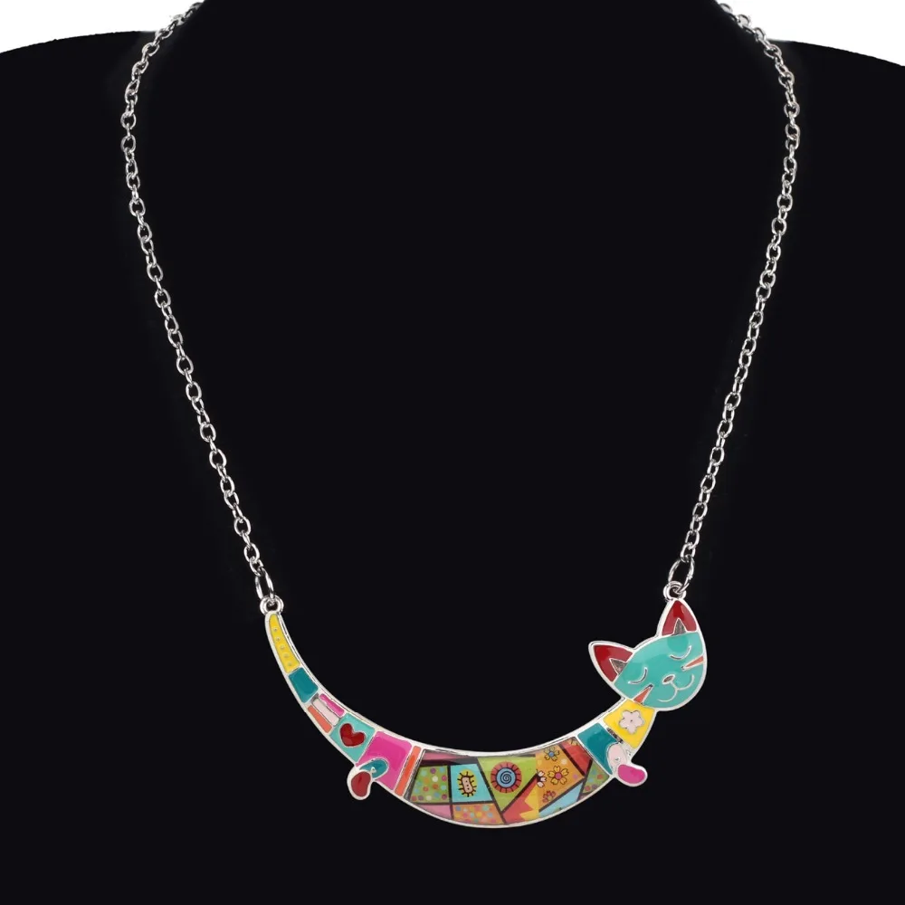 WEVENI Alloy Enamel Floral Sleeping Cat Kitten Choker Necklace Pendant Chain Collar Cute Animal Jewelry For Women Girls Teens