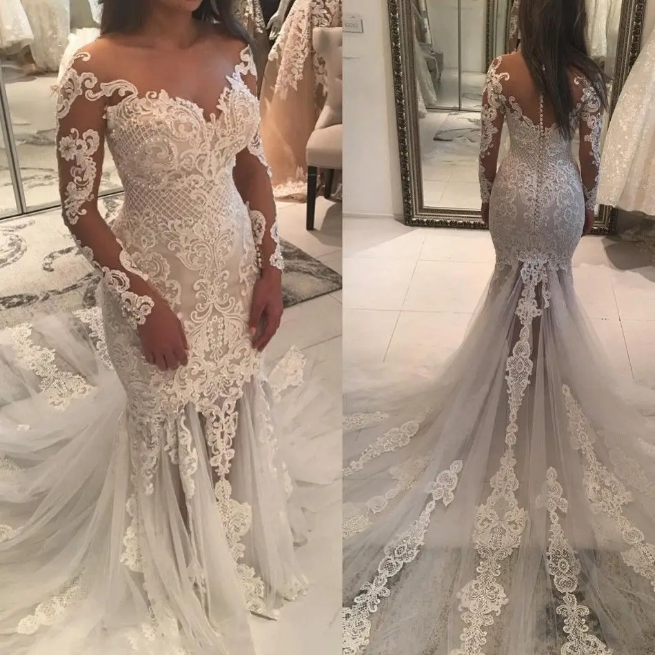 Lace Mermaid Wedding Dresses Plus Size 2023 Long Sleeves Pearls Long Train Saudi Arabic Wedding Gown for Bride Bridal Dresses