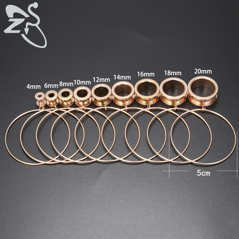 ZS 4-20mm Big Circle Ear Plug Tunnel Stainless Steel Screw Flesh Tunnel Steel Rose Gold Color Ear Tunnels Body Piercing Jewelry