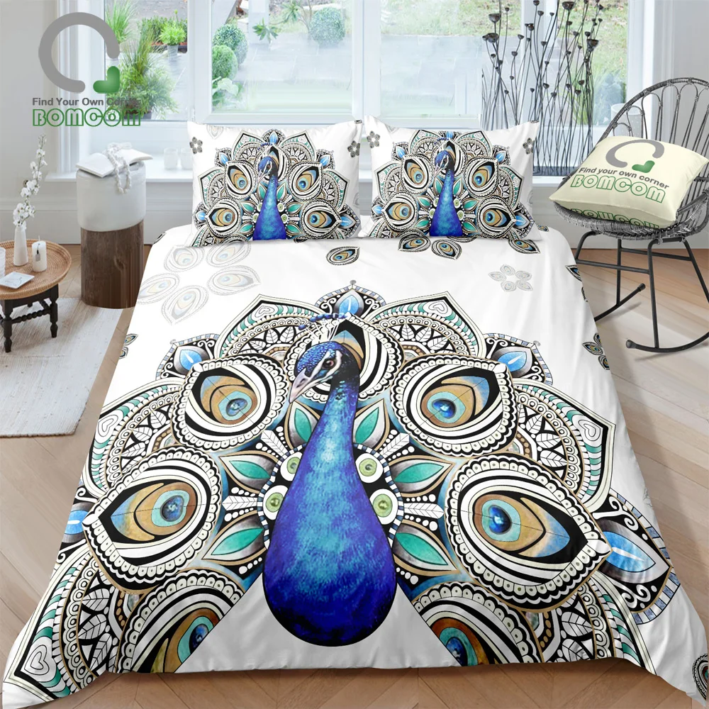 

BOMCOM 3D Digital Printing Colorful Fashion Art with Peacock Pattern Bedding Set Animal Print Duvet Cover Set 100% Microfiber