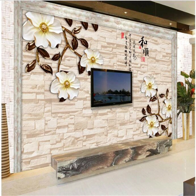 

beibehang Custom photo wallpaper intelligent home 3D relief brick wall jade carving background village forest hut night oil