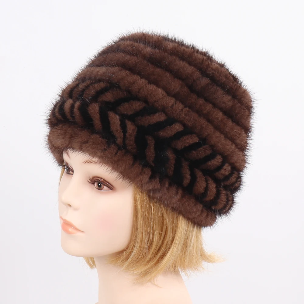 

New Arrival Winter Striped 100% Natural Real Mink Fur Hat Girls Knitted Warm Real Mink Fur Cap Women Good Elastic Mink Fur Hats