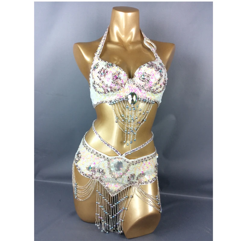 Hot Selling Women Beaded Sequins Belly Dancing Suite Belt+Bra Samba Costumes Club USA Bra Size 34B,36B,38B,40B,34D,36D,38D,40D