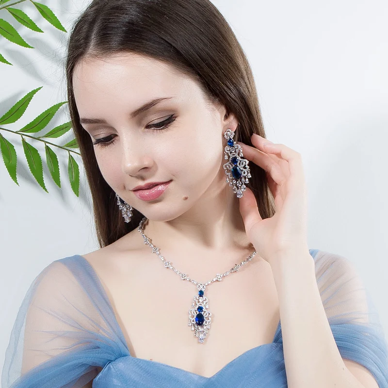 CWWZircons Top Quality Royal Blue Cubic Zirconia African Big Statement Earring Necklace Set For Women Evening Party Jewelry T276