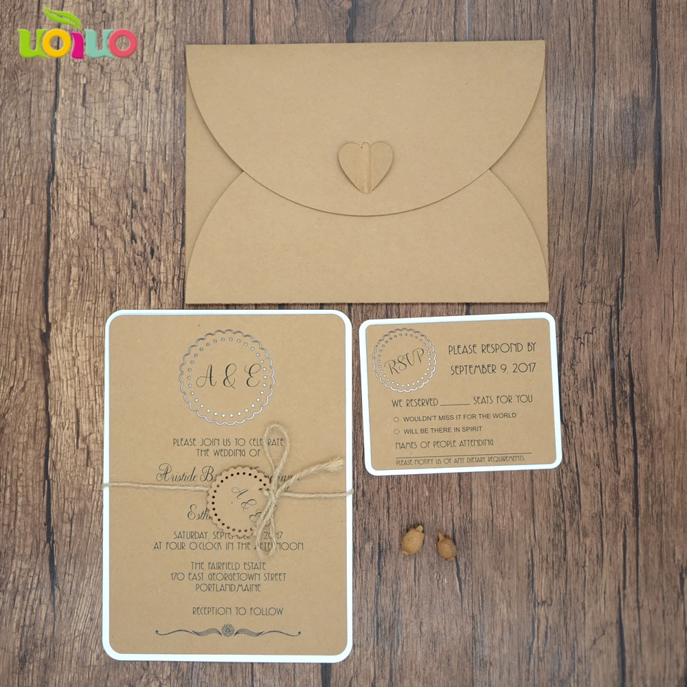 20pc laser Vintage Kraft Wedding Invitation Cards Kraft Envelope rsvp hemp rope tied tag for Wedding Decoration Festive Supplies