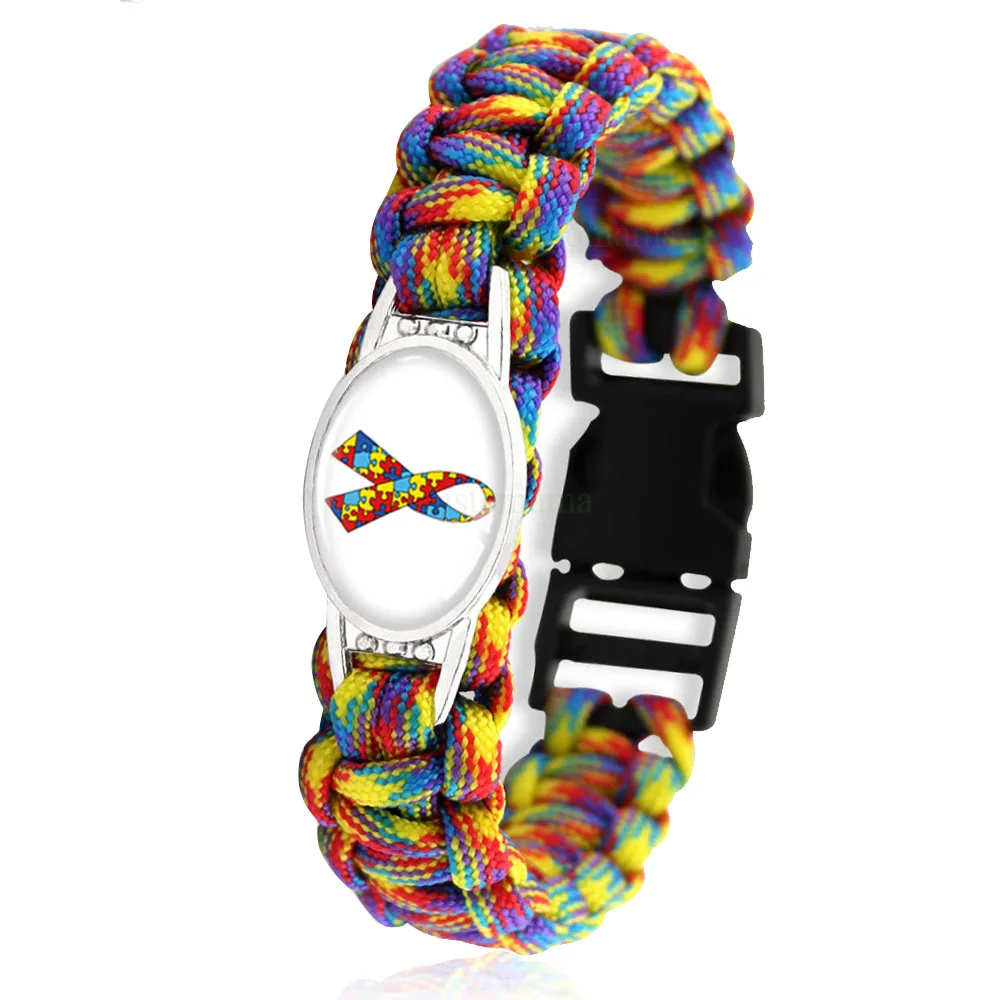 Puzzle Piece Autism Awareness Hope Charm Bracelets Colorful 25*18mm Glass Cabochon Outdoor Survival Paracord Men Women Jewelry