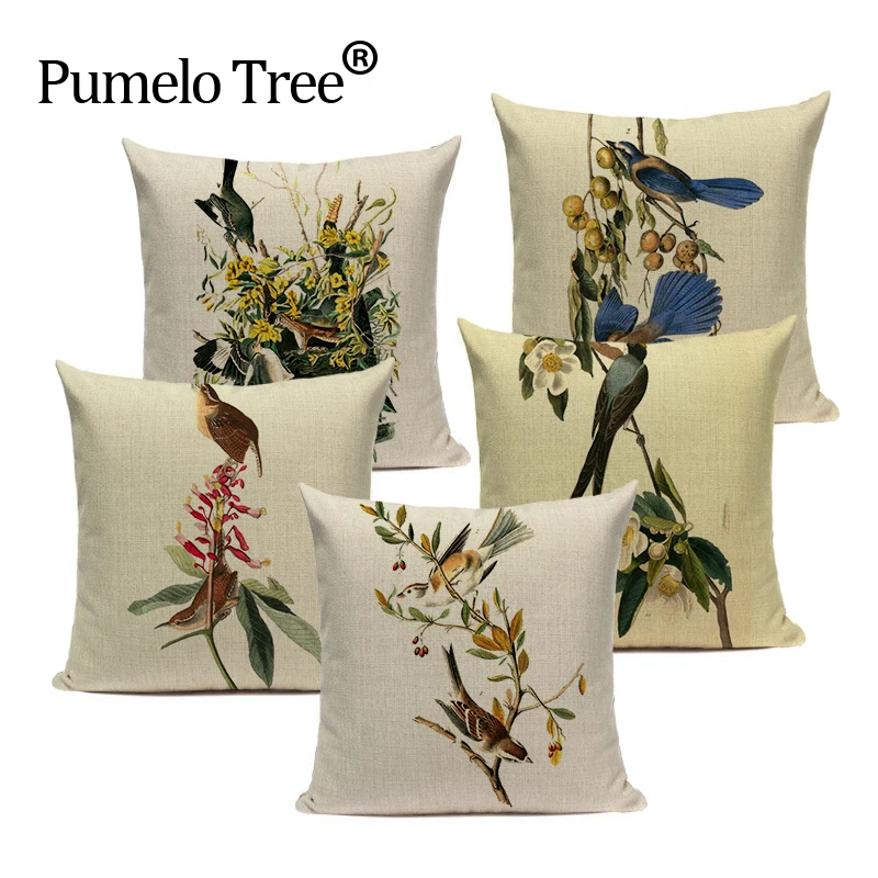 High Quality Green Plant Flowers Bird Cushion Cover Decorative For Sofa Car Home Woven Linen Pillow Case Custom Throw Pillows