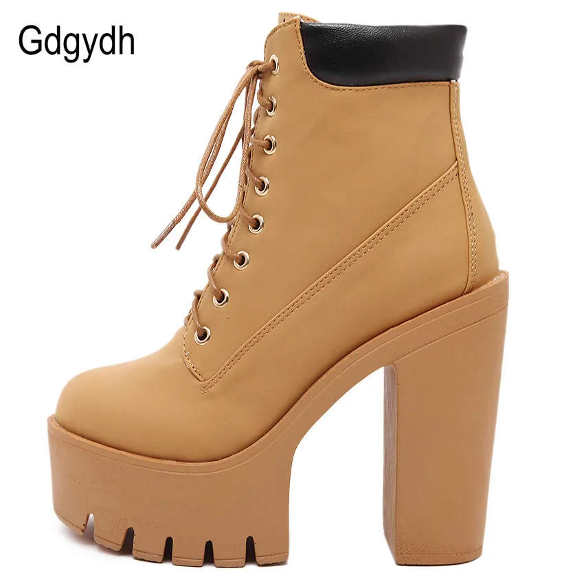 Gdgydh Fashion Spring Autumn Platform Ankle Boots Women Lace Up Thick Heel Platform Boots Women\'s Chunky Heeled Short Boots