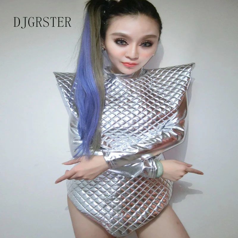 DJGRSTER female space costumes bodysuit singer sets DJ dance costumes DS costume reflective silver shiny piece suit clothing