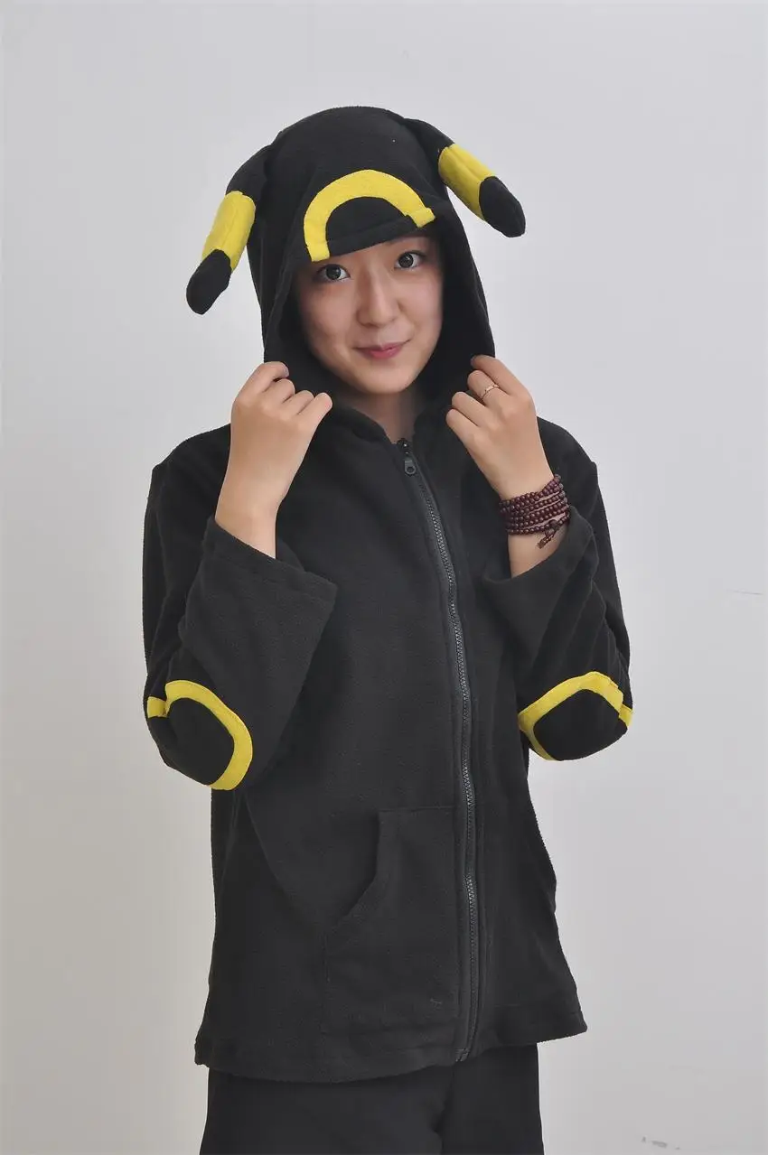 Women\'s Black Umbreon Hoodie Outerwear Jacket Sweatshirt Unisex Cosplay Costumes Plush Animal Hoodie Suits