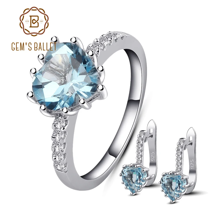 GEM'S BALLET 8.33Ct Cute Heart Natural Sky Blue Topaz Jewelry Sets 925 Sterling Silver Earrings Ring Set For Women Engagement