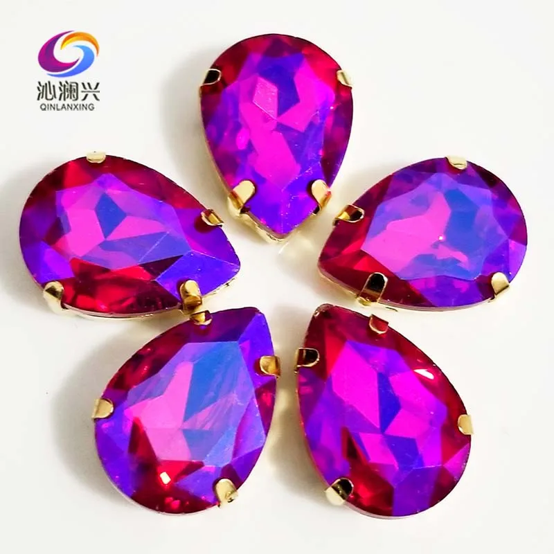 

Drop Shape Glass Crystal Sew on Rhinestones, Golden Bottom Red AB Color Setting Stones, Use for Needlework, Sewing Accessories