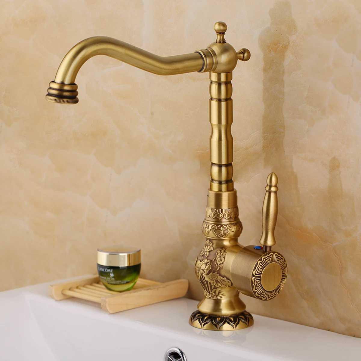 Imagem -03 - Kemaidi-antique Brass Bathroom Basin Faucet Bico de Nariz Longo Torneiras de Lavagem 360 Bico Giratório Misturador de Alça Única