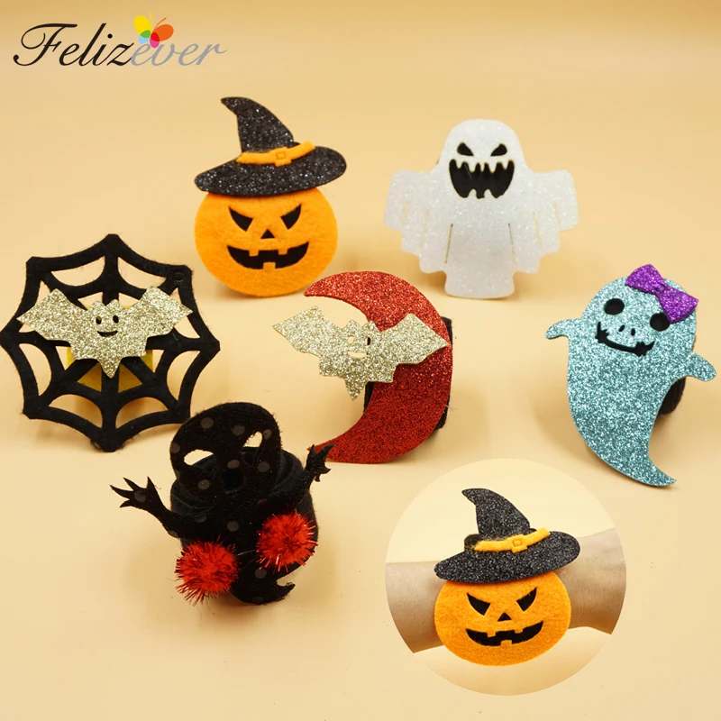 6PCS Halloween Slap Bracelet Kids Party Favors Non-woven Fabric Pumpkin Ghost Spider Assorted Bracelets