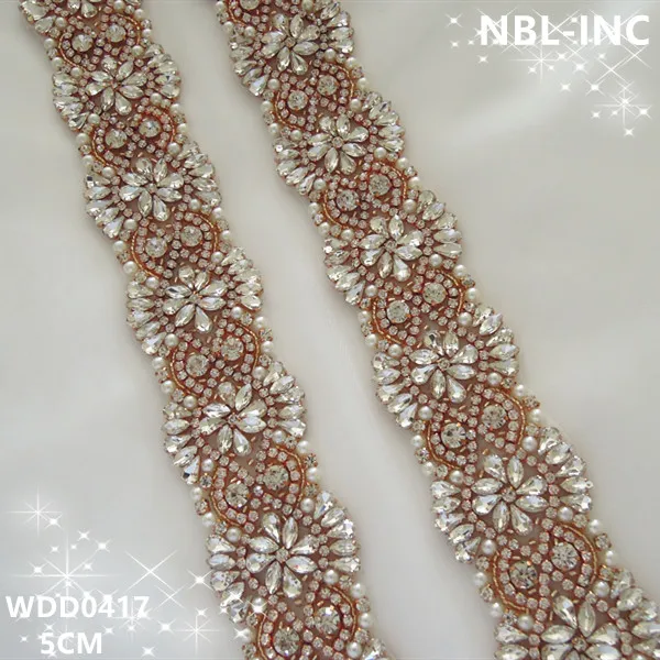 

(10 YARDS) Wholesale bridal beaded rose gold crystal rhinestone pearl applique trim iron on for wedding dress sash WDD0417