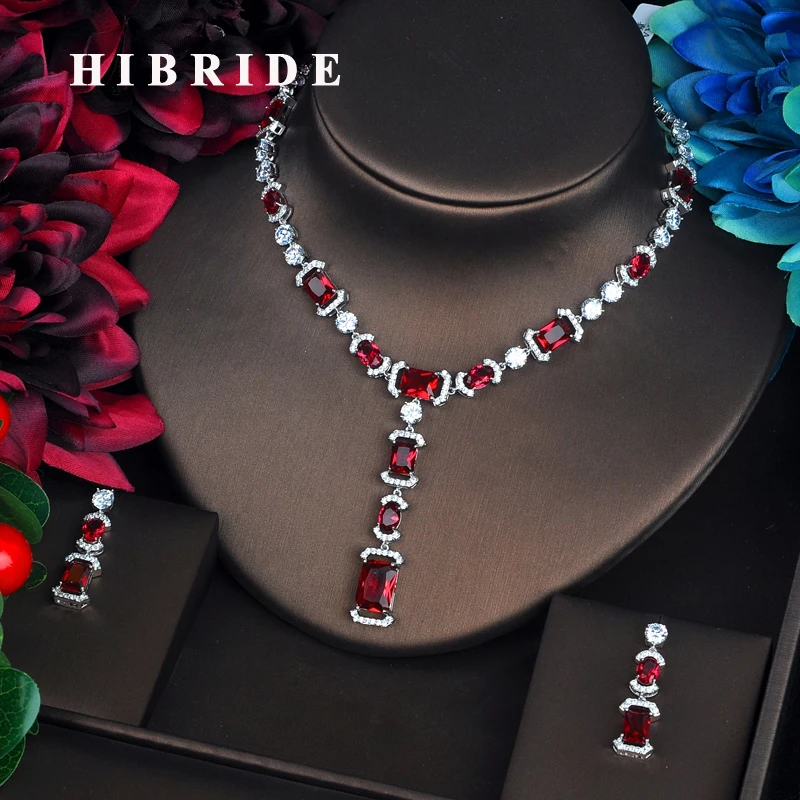 

HIBRIDE Sparkling Fashion Red Cubic Zircon Jewelry Sets For Women Necklace Set Wedding Dress Accessories Party Show N-513