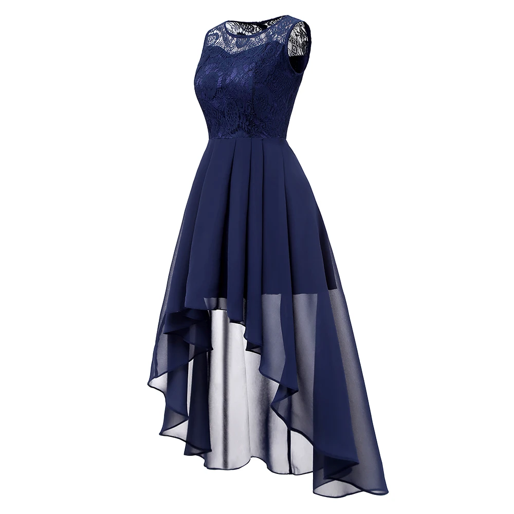 Women Sexy Sleeveless Asymmetrical Chiffon Lace Long Dresses Female Maxi Elegant Party Dress Navy Blue Vestidos De Festa