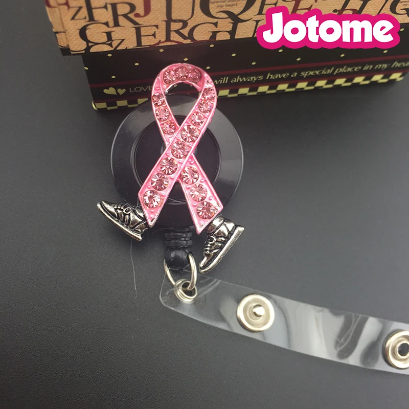 100pcs a lot   Breast Cancer/Pink Walking Ribbon Retractable Rhinestone Badge Reel / ID Badge Holder / Pull Reel