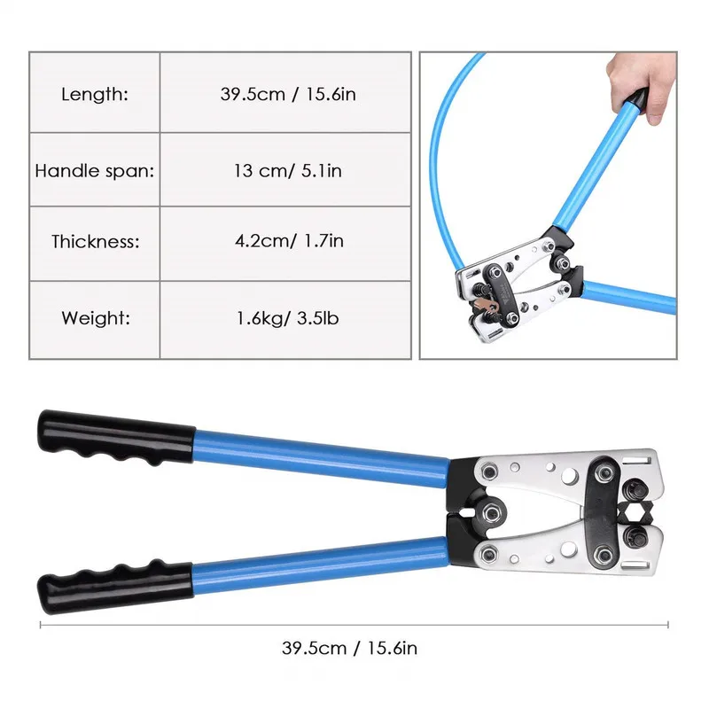 HX-50B Battery Cable Lug Crimper Tool 6-50mm², Wire Crimping Tool, Pliers for Crimp Wire Cable Cutter for 10,8,6,4,2 and 1/0 AWG