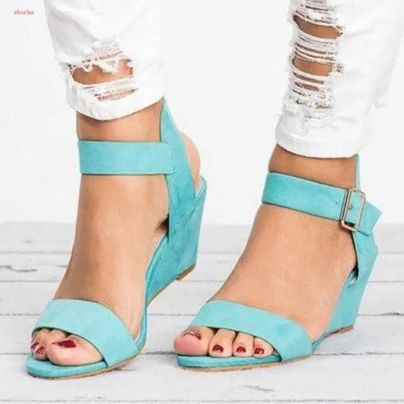 Fashion Women's Fish mouth sandals wedges high heel Buckle Strap Roman Shoes Sandals Ladies Solid summer Large size sandals