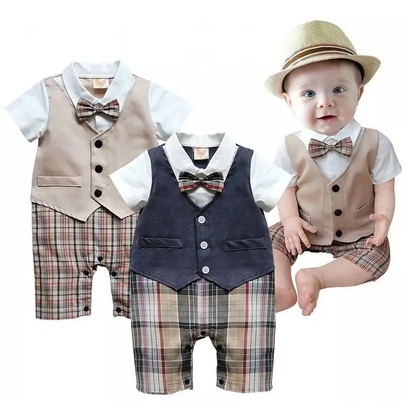 

2017 Summer Baby Boys Clothes Tuxedo Rompers Shortall Baby Jumpsuit Costumes Bebe Clothing One-Piece Vest Boties Body Suit Grid