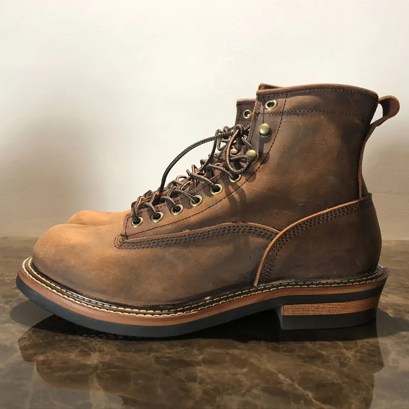 Bota de plataforma de couro genuíno para homens e mulheres, laço vintage artesanal, anel preto vermelho, vestido casual, trabalho, botas de motocicleta, nova