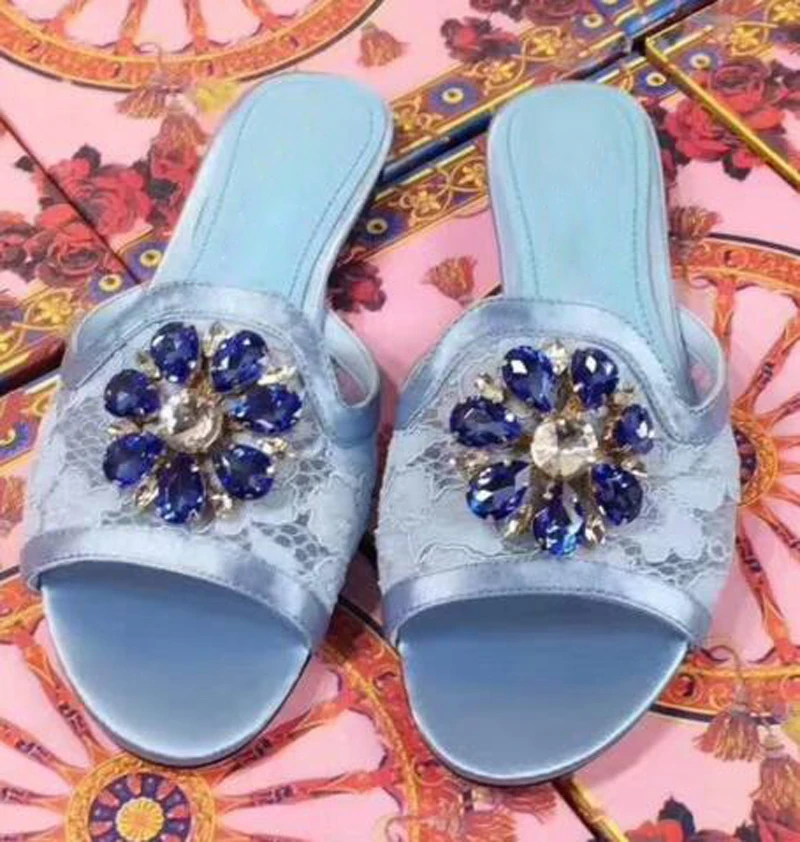 Girl's Glitter Gem Rhinestone Flower Floral Lace Slipper Sandals Peep Toe Flats Leisure Crystal Lace Slide Shoes for Ladies