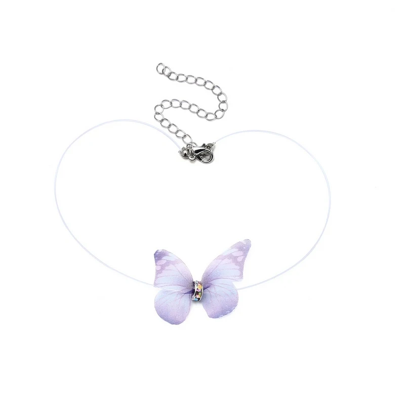 Fancy Colorful Yarn Butterfly Crystal Necklace Women Cute Girls Invisible Fishline Chain Choker Jewelry Party Girlfriend Gift