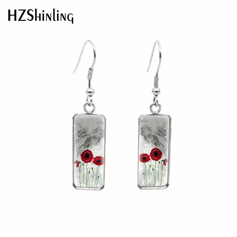 2019 New Red Blue Flowers Rectangular Earring Poppies Art Fish Hook Earring Glass Handmade Jewelry