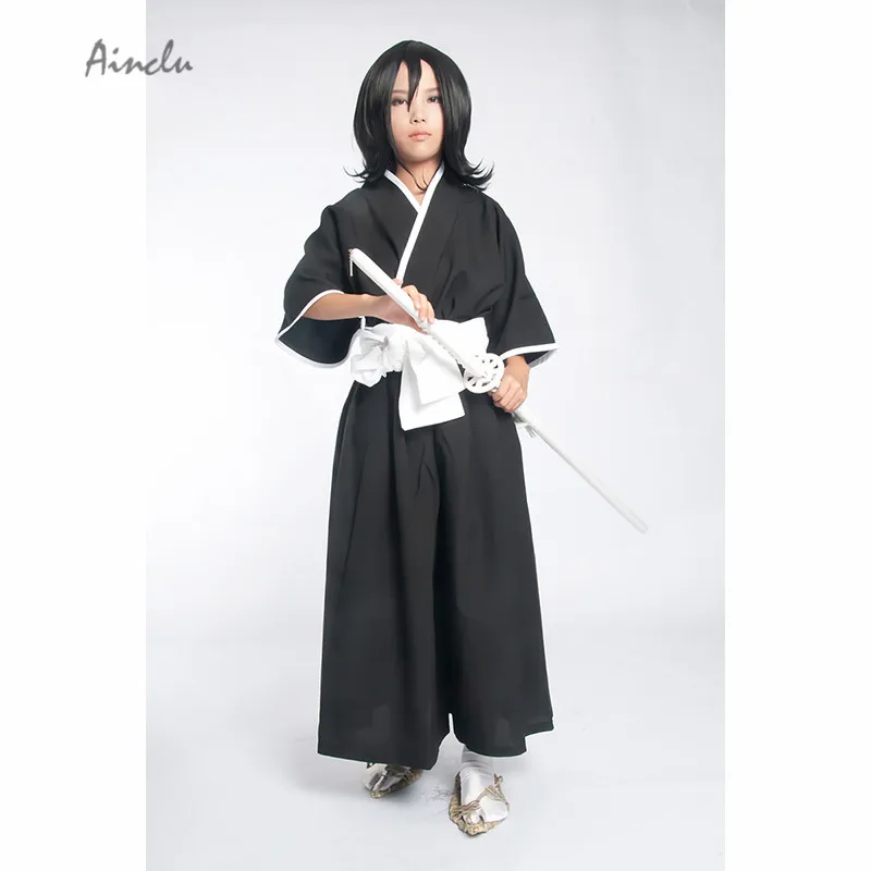 Ainclu Free Shipping Bleach Gotei Thirteen Kuchiki Rukia Black Soul Reaper Kimono Anime Adult Cosplay Costume