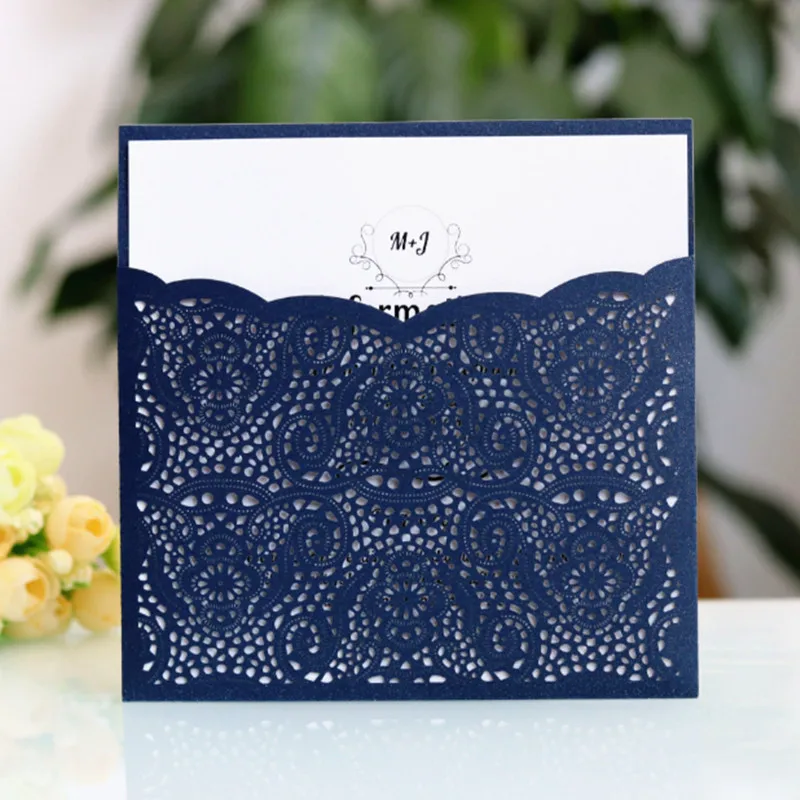 

Blue burgundy pocket invitations elegant floral laser cutting for wedding & Engagement party provide customized printing