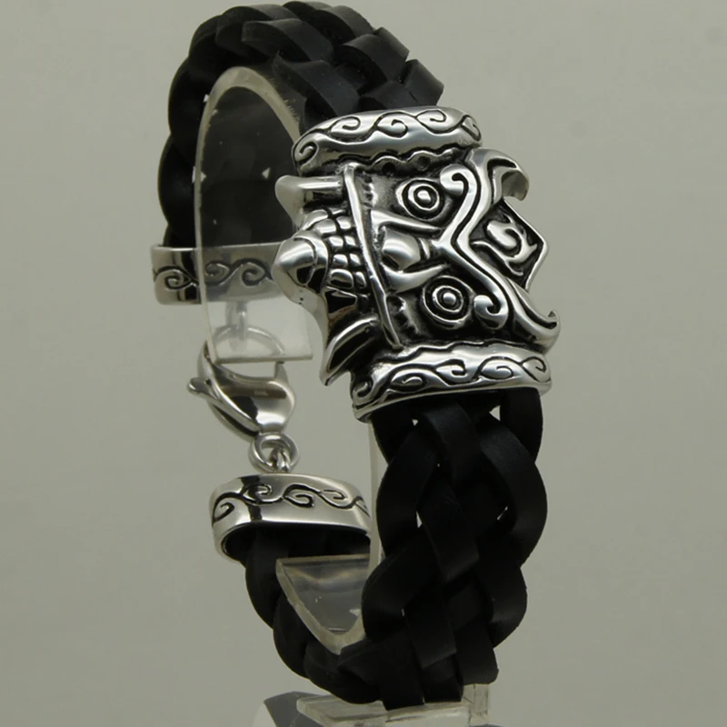 cool men boy rock monster woven genuine leather 316L stainless steel bracelet