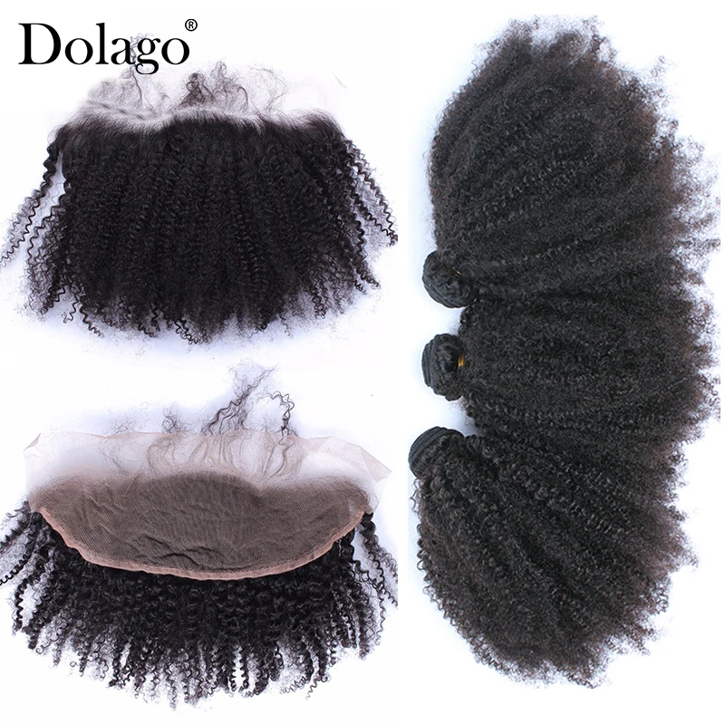 Mongolian Virgin Afro Kinky Curly Weave Human Hair Bundles With Lace Frontal Closure Dolago Products