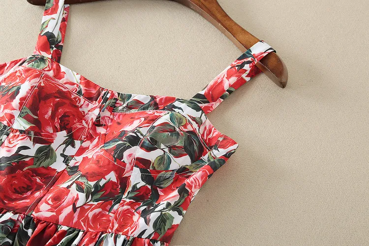 デザイナー滑走路ドレス高品質 2025 新しい夏の女性のストラップ花柄プリントカスケードフリルカジュアルドレス SAD313N