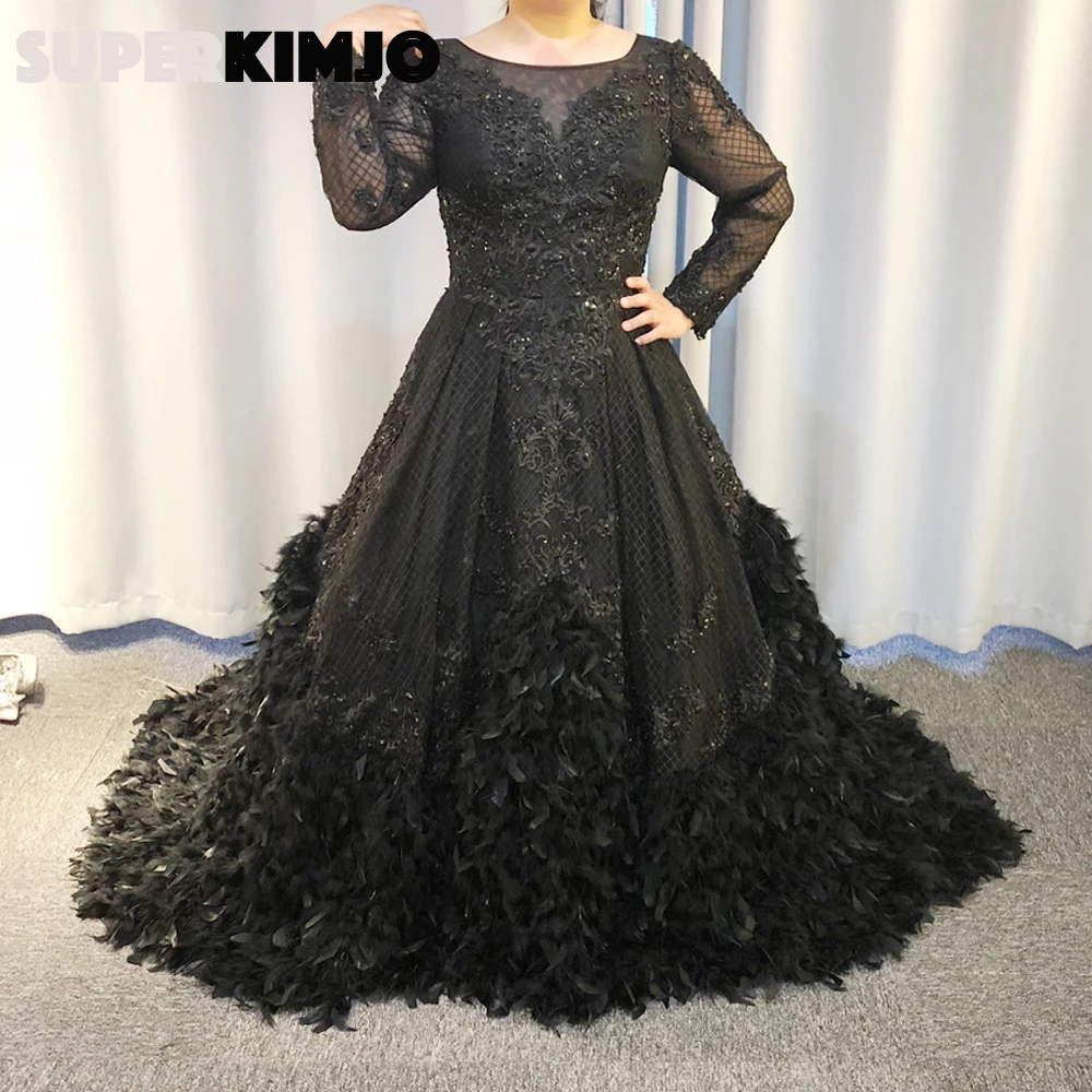 Real black prom dresses 2019 veer kralen crew hals kant applicaties lange mouwen een lijn avondjurken kralen avondjurken