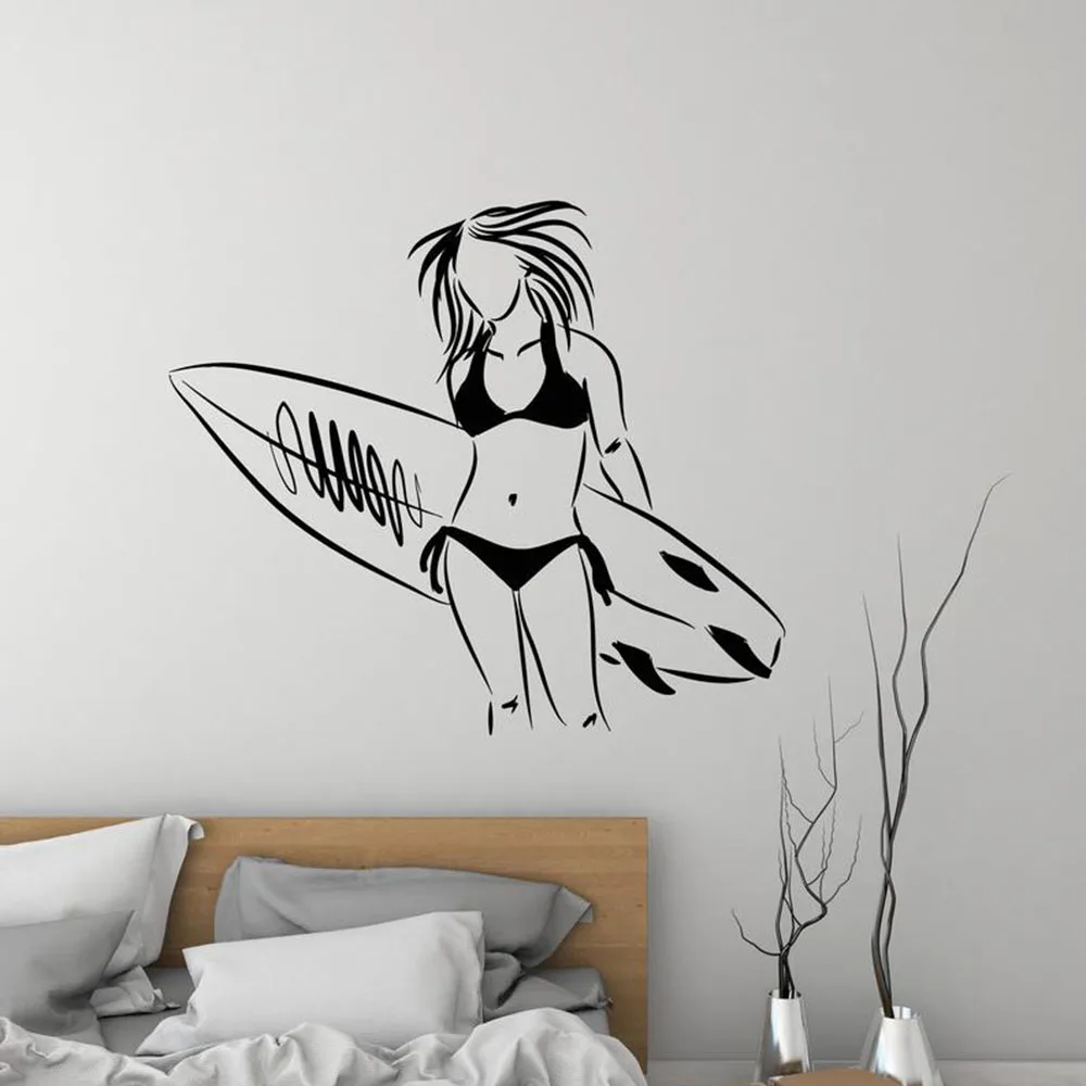 Surfer Girl Vinyl Wall Decal Surfing Woman Beach Style Surfboard Surf Wall Stickers Bedroom Sport Art Decals Removable G598