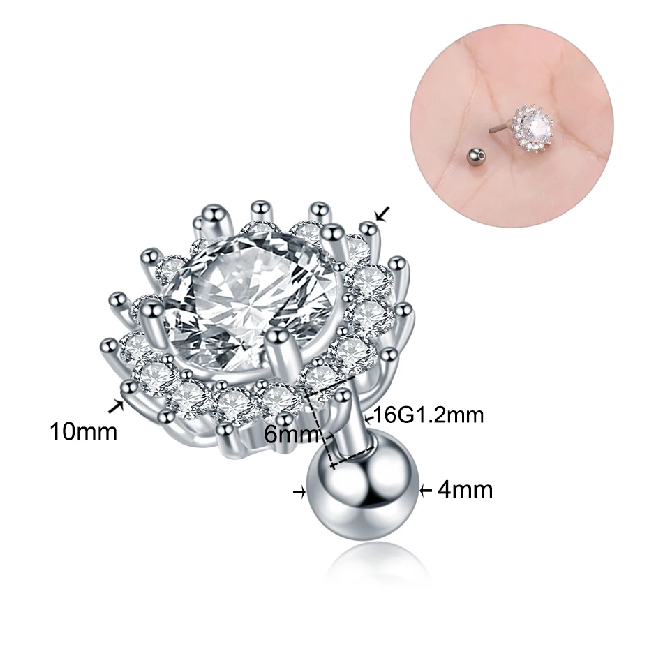 1Pc Crystal Flower Tragus Piercing Earring 16G Star Crown Cartilage Helix Piercing Conch Rook Lobe Earring Ear Piercing Stud