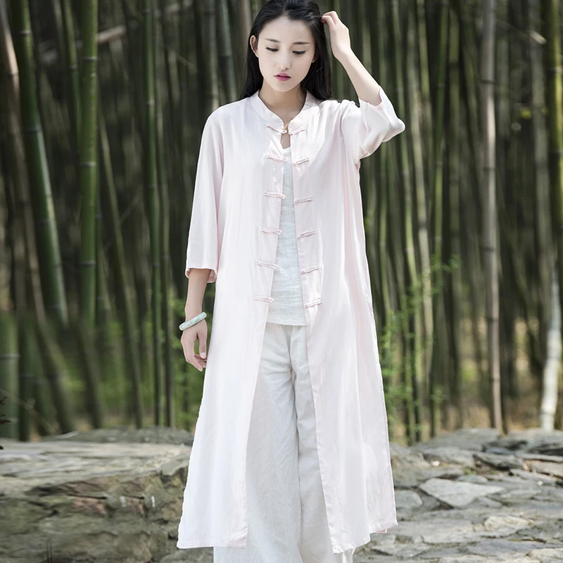 Aransue Female Spring Summer Blouses Retro Plate Buttons Cardigan Outerwear Long Design Shirt Chinese Style Tops