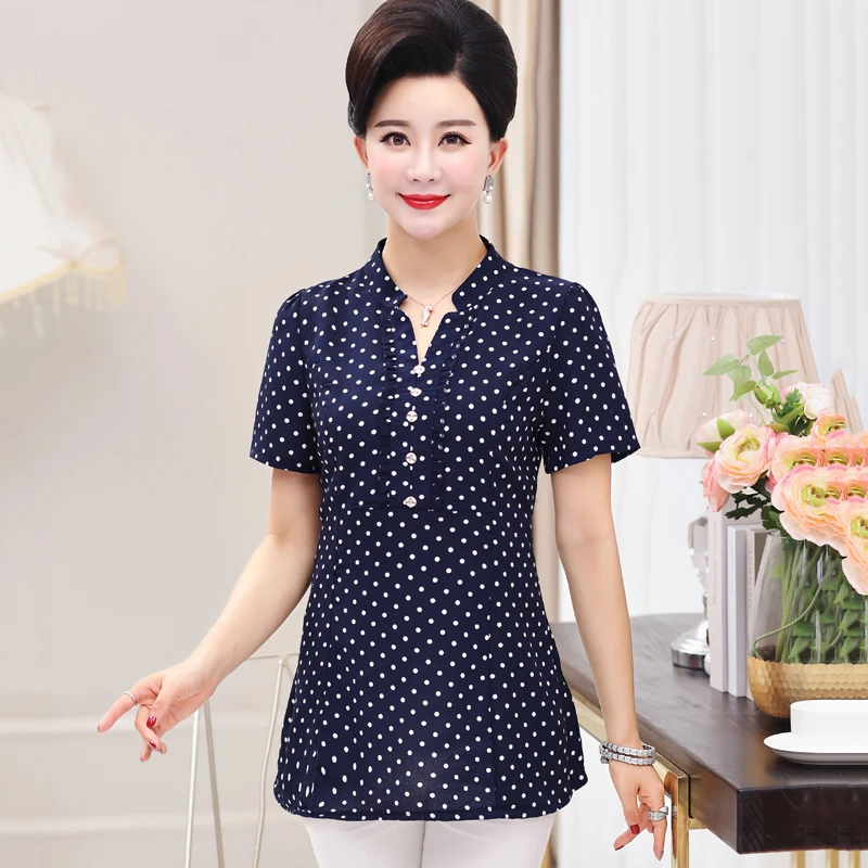 Summer Elegant Polka Dot Printed Women T shirt Tops 5XL 3XL 4XL Mother Clothes Female Short Sleeve Buttons V-Neck Casual Tee