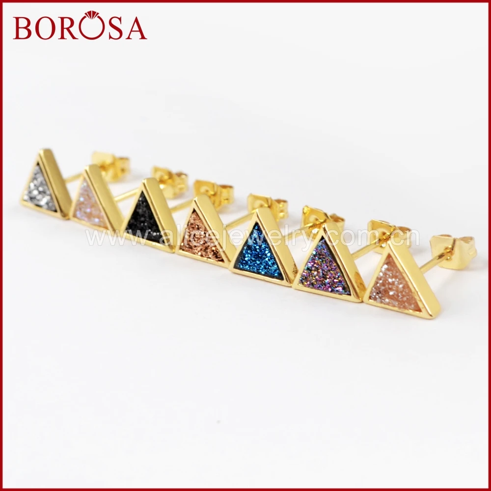 BOROSA 5/10Pairs Triangle Gold Color Bezel Rainbow Titanium Druzy Stud Earrings Fashion Drusy Earring Jewelry for Women ZG0279