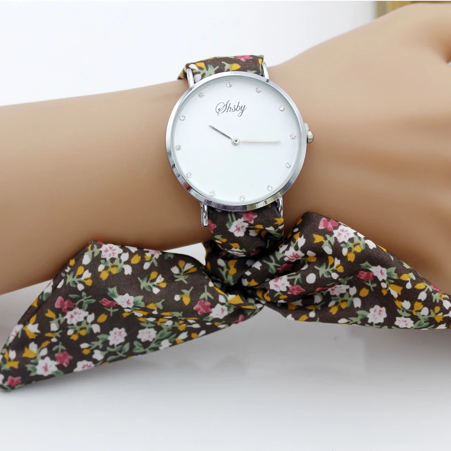 shsby brand Lady flower cloth wristwatch rhinestone silver women dress watch high quality fabric watch sweet girl Bracelet watch