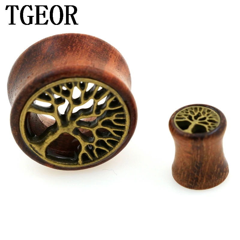 New Hot wholesale 70pcs gauges with surface inlay bronze tree original wood double flare ear plug free shipping