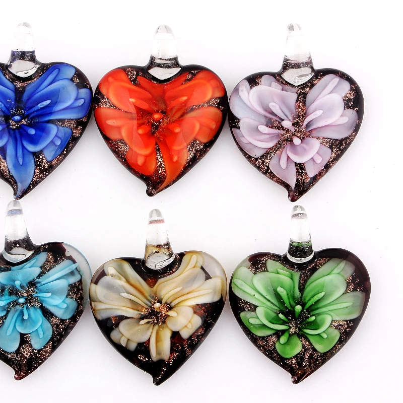 Q Fashion Wholesale 6pcs Handmade Murano Lampwork Glass Mix Color Flower Heart Pendants Fit Necklace