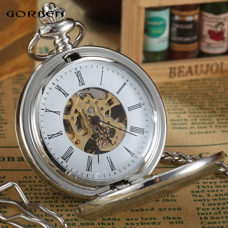 Silver 2 Sides Open case Polish Mechanical Pocket FOB Watches with Chain Steampunk Hand Wind reloj bolsillo Mens Watch gifts