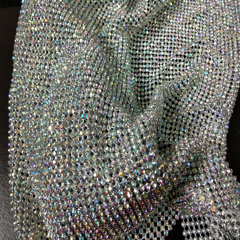 ZY Bling Bling Chunky Glitter Silver AB Rhinestone Metal Mesh Fabric Metallic cloth Metal Sequin Sequined Fabric Home Decoration