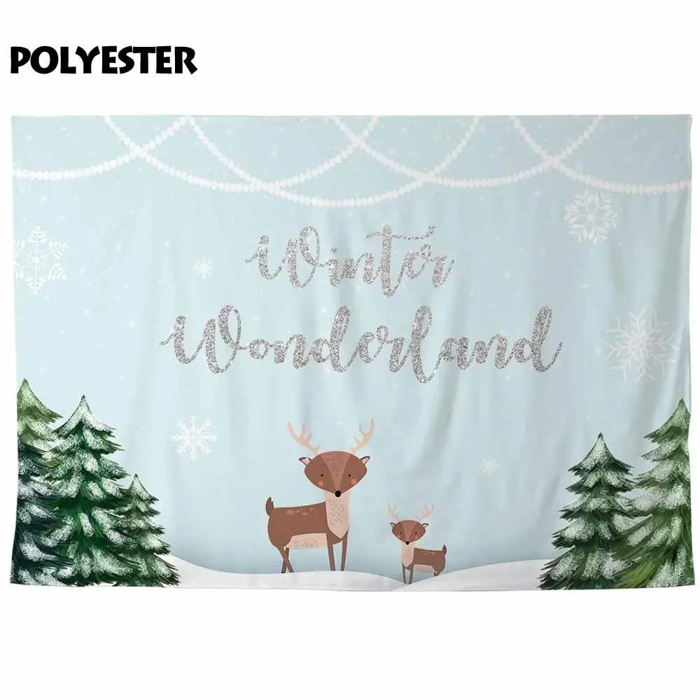 Funnytree photography background light blue Silver winter wonderland trees deer snow cute baby celebrate backdrops photocall