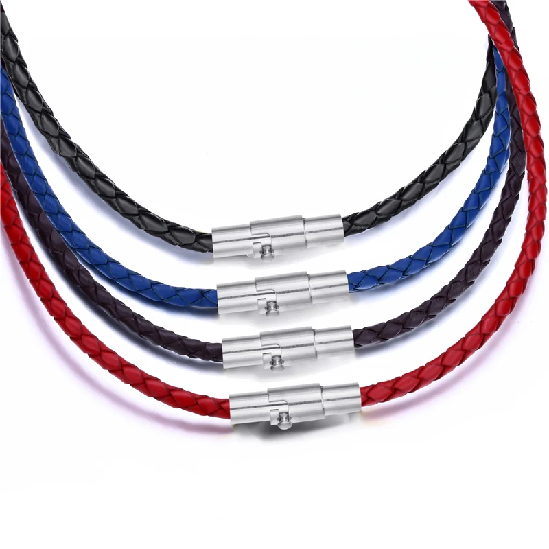 3mm Men Women Black/Red/Blue/Brown Braided Genuine Leather Necklace Cord Silver Stainless Steel Secure Clasp 40-75cm