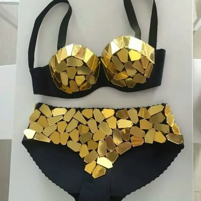 Soutien-gorge à paillettes fait à la main pour femme, culotte de base à verres assortis avec tout, vêtements de costume de caractère individuel