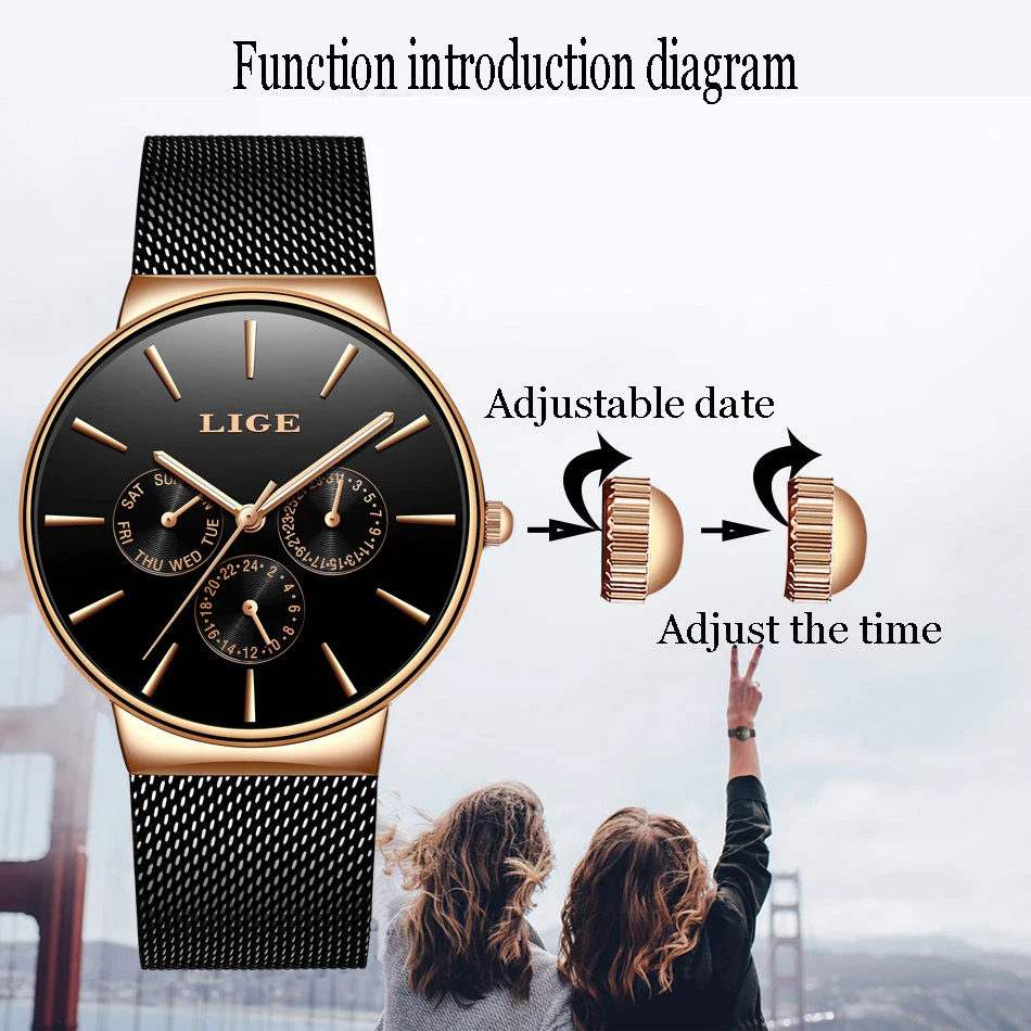 LIGE Classic Womes Watches Rose Gold Brand Luxury Laides Dress Clock Fashion Casual Waterproof Watch Quartz Calendar Wristwatch