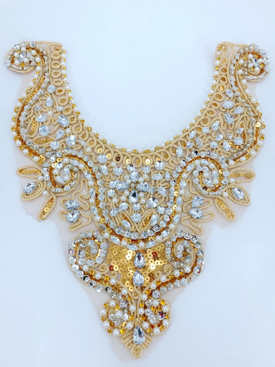 Golden lace applique with silver beads rhinestones patches 30*29cm for dress accessory